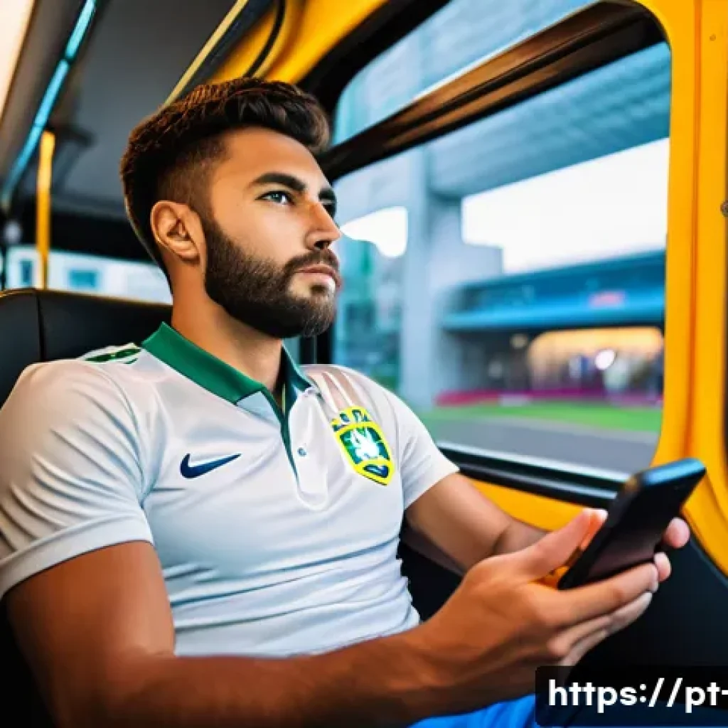 스포츠 산업과 미디어 관계 - A dynamic scene of a passionate Brazilian football fan watching a live match on a smartphone while s...