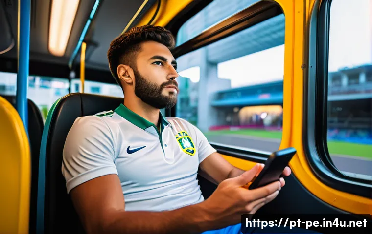 스포츠 산업과 미디어 관계 - A dynamic scene of a passionate Brazilian football fan watching a live match on a smartphone while s...