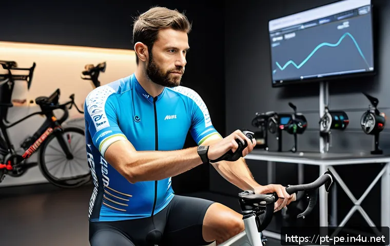 자전거 피팅 이론과 적용 - A detailed scene of a professional bike fitting session in a modern cycling studio, showing a male c...