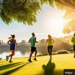 운동과 수면 질 향상법 - A vibrant morning scene in a Brazilian urban park featuring a diverse group of adults wearing comfor...