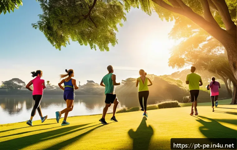 운동과 수면 질 향상법 - A vibrant morning scene in a Brazilian urban park featuring a diverse group of adults wearing comfor...